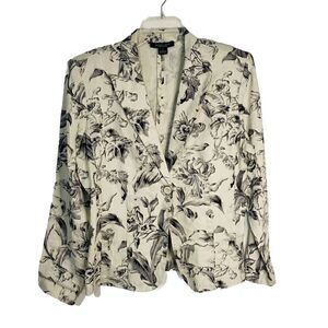 August Silk Beige Black Floral Lightweight Linen Jacket Size 10‎ 3/4 Sleeve